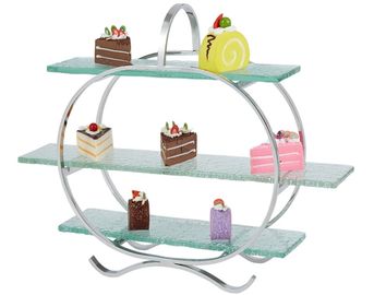 3 - Suporte de exposição de vidro do bolo da camada com as bandejas que decoram para o bufete do serviço do banquete